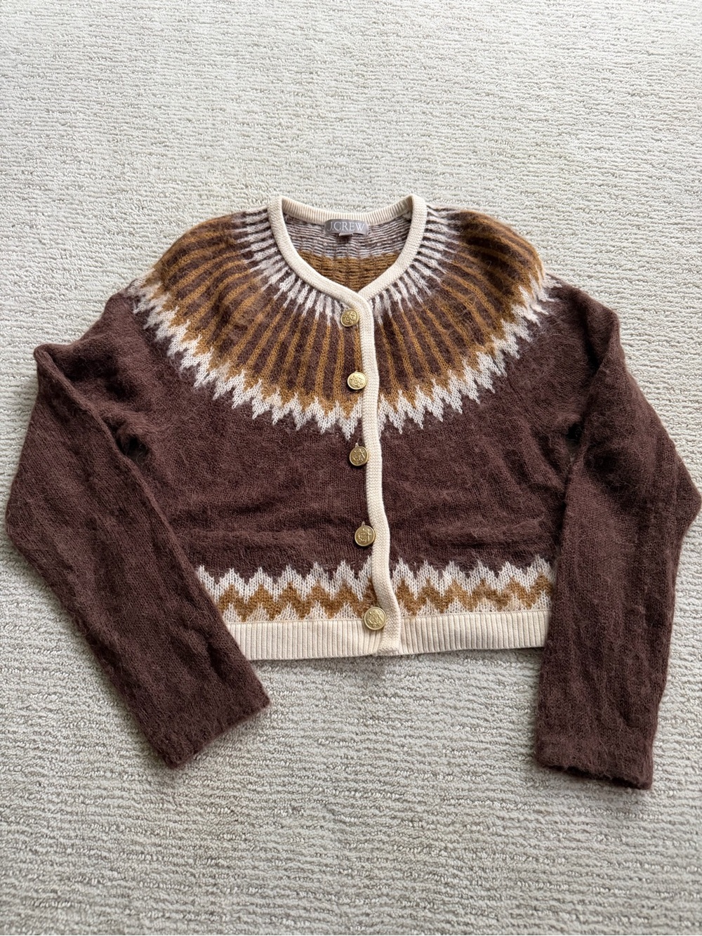 J. Crew Brown and Cream Fair Isle Cropped Cardigan